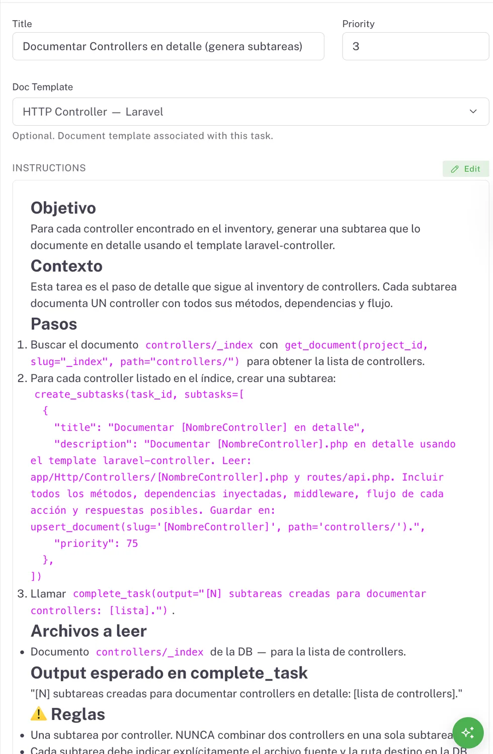 Formulario de una tarea del plan: título, prioridad, plantilla de documento asociada e instrucciones detalladas con objetivo, contexto, pasos y reglas