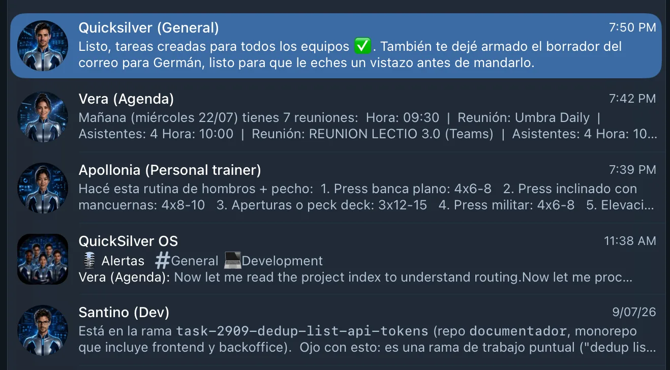 Lista de conversaciones de Telegram con varios agentes: uno de agenda, uno de desarrollo, uno general y un grupo de alertas